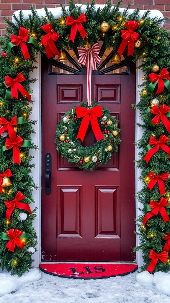 Jingle Bells Christmas Door Decoration Contest A festive Christmas door decorated with ribbons, jingle bells, and lights, surrounded by snow.